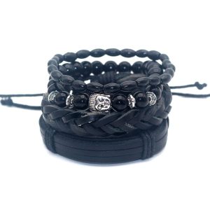 Bracelet Bouddha Onyx Cuir Vegan Argent