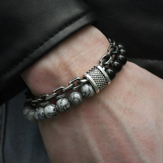 Bracelet Double Force Onyx et Howlite Grise 25cm