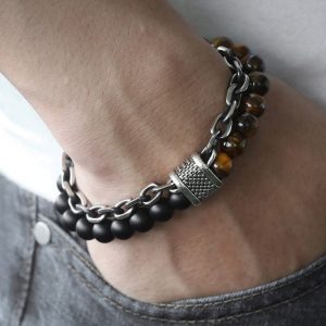 Bracelet Double Force Onyx et Œil de Tigre 25cm