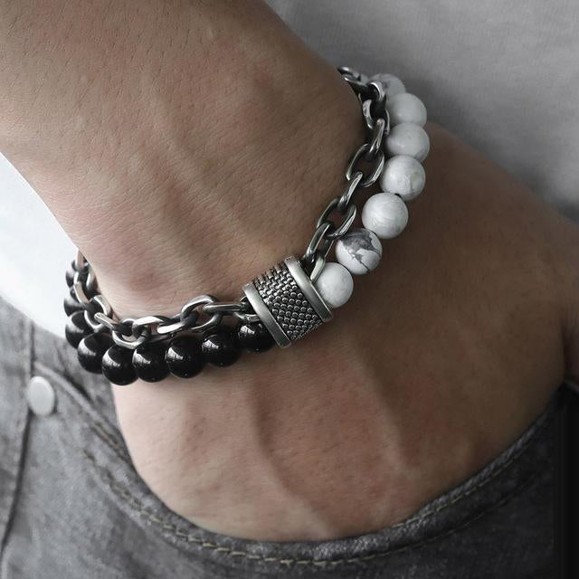 Bracelet Double Force Onyx et Howlite Blanche 25cm