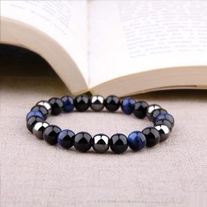 Bracelet "Obsitigre" Obsidienne Oeil de Tigre et Hématite Bleu 23cm