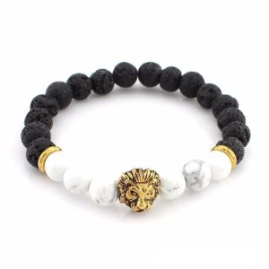 Bracelets Lion Protecteur en Pierre de Lave Blanc Or