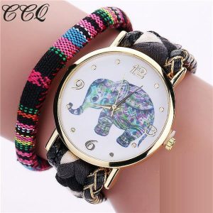 Montre "Éléphant Zen" Bracelet Tressé Main Noir